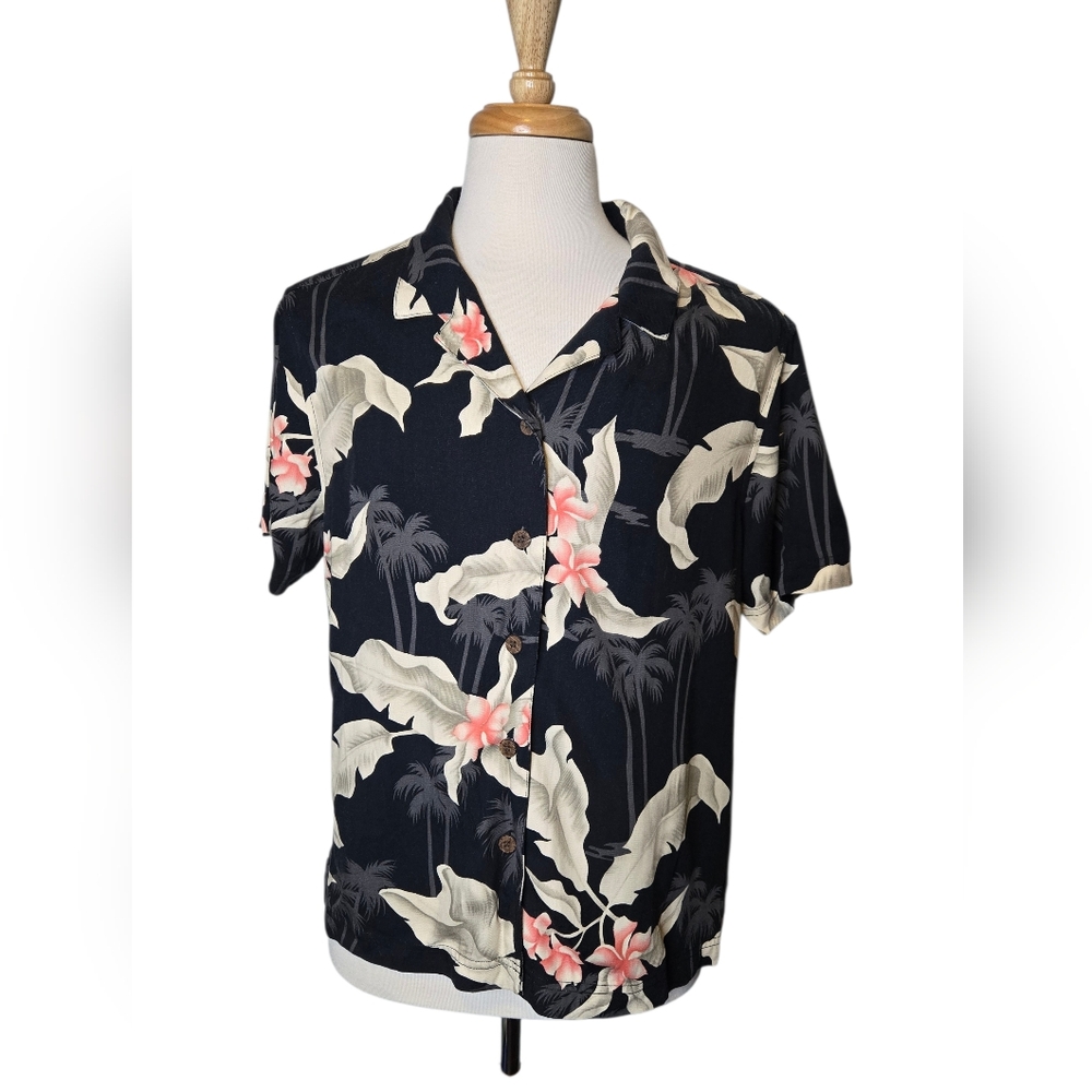 Black‎ Hawaiian Aloha Shirt Men’s XL Rayon Tropical Palm Floral Resort Wear